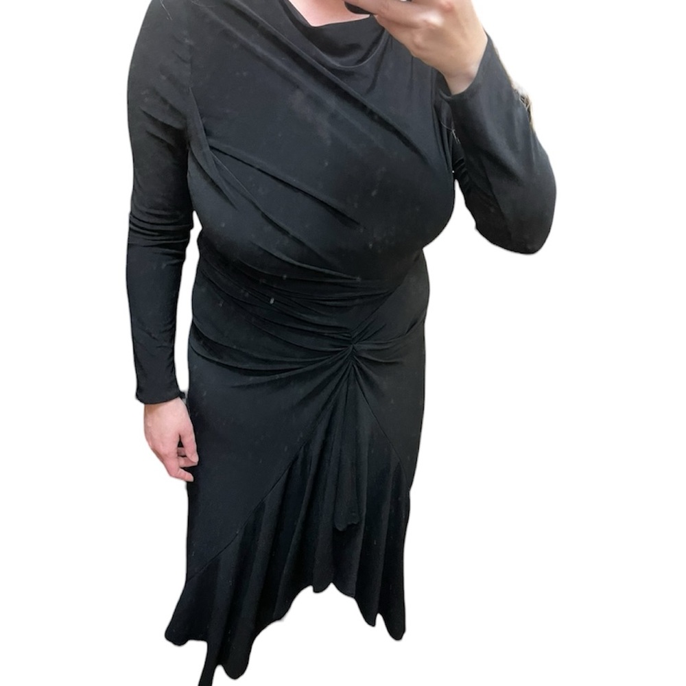 Zara Solid Black Long Sleeve Modest Neckline Cinched Tight Midi Maxi Dress Large